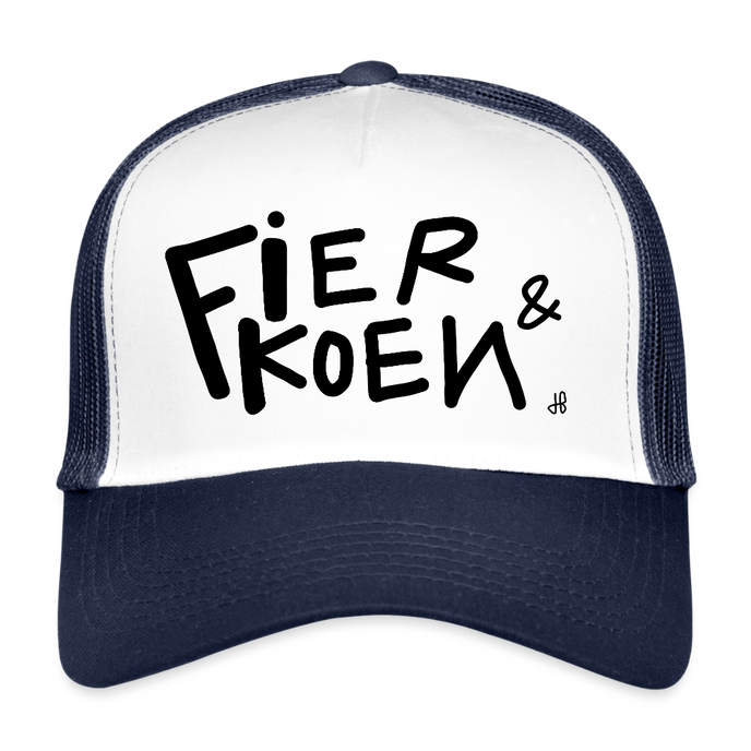 Fier en Koen zwarte letters. Trucker Cap - wit/navy