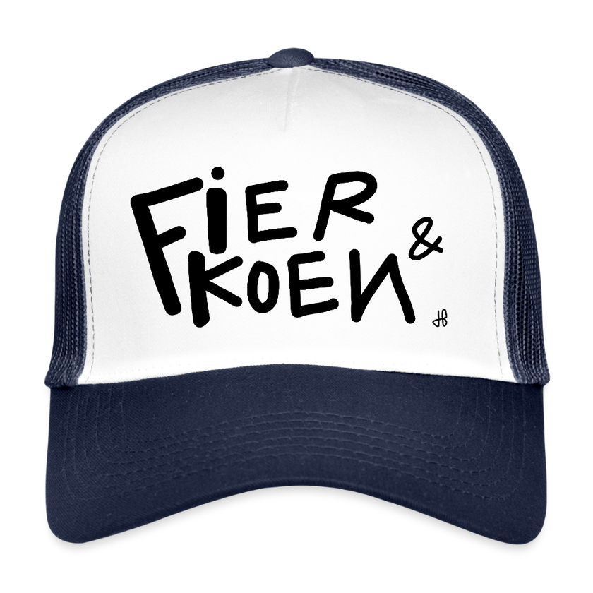 Fier en Koen zwarte letters. Trucker Cap - wit/navy