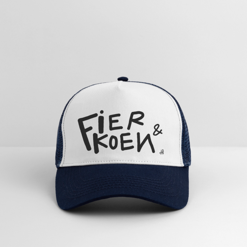Fier en Koen zwarte letters. Trucker Cap - wit/navy