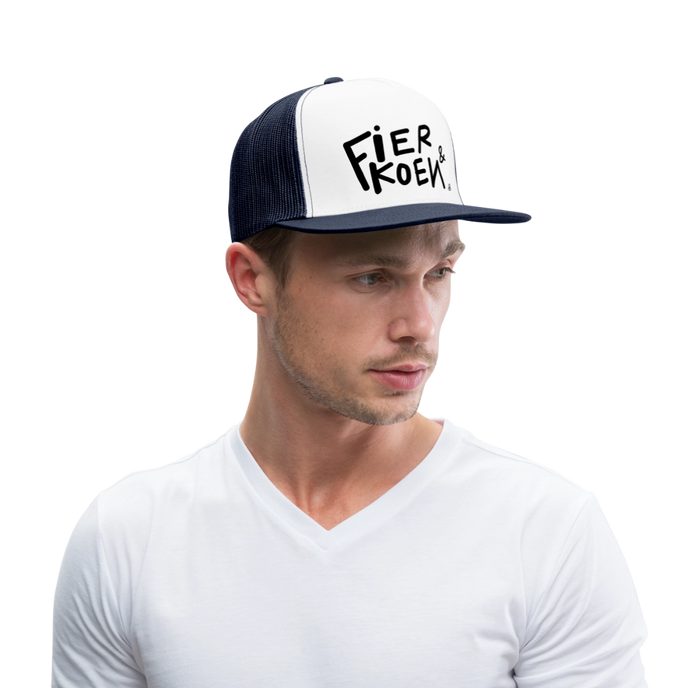 Fier en Koen zwarte letters. Trucker Cap - wit/navy